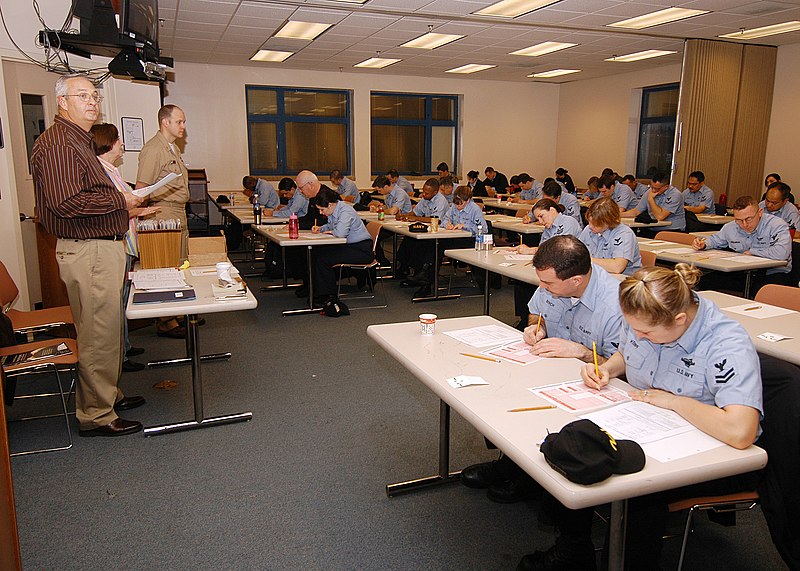 File:US Navy 070211-N-2716P-002 Mr. Carl Taylor, Educational Services Officer for Naval Air Station Whidbey Island, Wash. gives instructions to Selected Reserve (SELRES) Sailors E-3 through E-6 on how to take their advancement exami.jpg