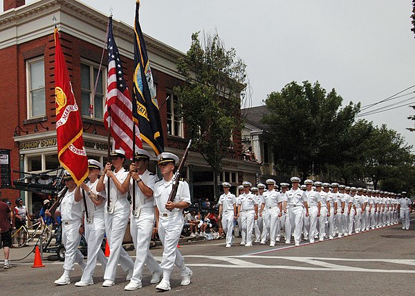 Officer candidates from Officer Candidate School march in the Bristol Fourth of July Parade