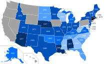 Laws against adultery in the United States in 1996 and when these laws were enacted United States Adultery Laws Enacted by Year by State.svg