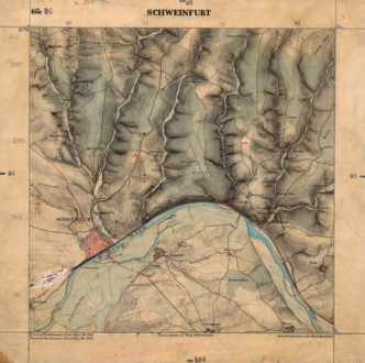 Karte um 18601 mit Relief der Schweinfurter Rhön. Im Süden Mainknie (Beginn des Maindreiecks) und Schweinfurter Becken