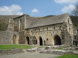 The chapterhouse in the east range; compare to the drawing by Rimmer over a century earlier ValeCrucisAbbey ChapterHouse.JPG