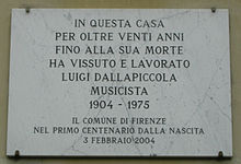 Gedenktafel an Dallapiccolas Wohnhaus in Florenz (Quelle: Wikimedia)