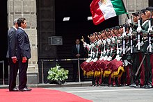 Marcelo Rebelo de Sousa inspecting the guard of honor, 17 July 2017. An inspection of the Mexican guard of honour typically occurs near the end of the state arrival ceremony. Visita del Presidente de Portugal, Marcelo Rebelo de Sousa (35152046614).jpg