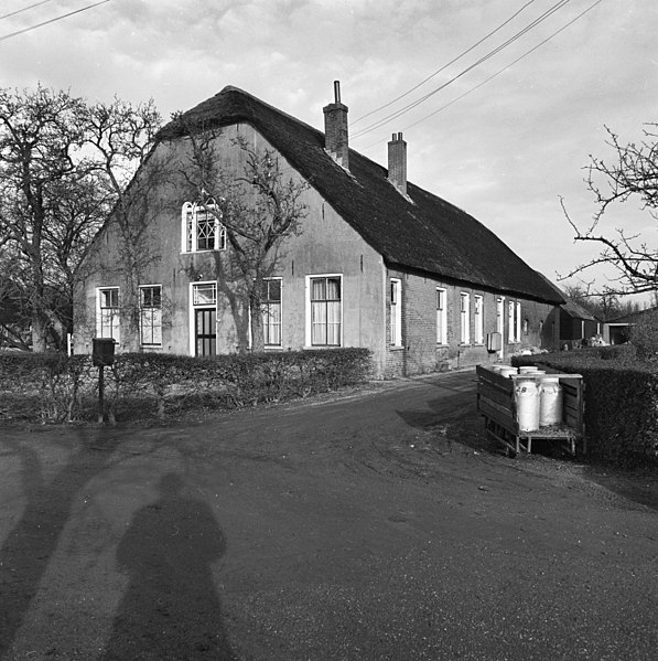 File:Voorgevel met deur in het midden en zijgevel van boerderij met rieten dak, erfbeplanting, melkrek met melkbussen rechts op het toegangspad - Schoonrewoerd - 20398264 - RCE.jpg