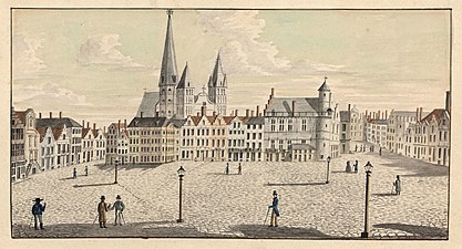 Place du marché devant l'église Saint-Jacques de Gand, gravure de Jean-Baptiste Joseph Wynantz, v. 1820-1823.
