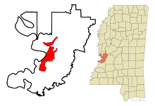 Warren County Mississippi Incorporated and Unincorporated areas Vicksburg Highlighted.svg