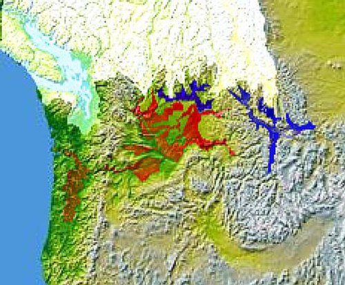 Glacial Lake Columbia (west) and Glacial Lake Missoula (east) are shown south of the Cordilleran ice sheet. The areas inundated in the Columbia and Mi