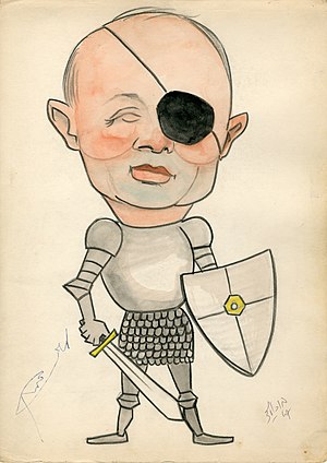 קריקטורה של משה דיין שצייר יואל בוכוולד ב-1967 לאחר מלחמת ששת הימים. קריקטורה זו ממחישה את דימויו הציבורי כמחולל הניצחון במלחמת ששת הימים.