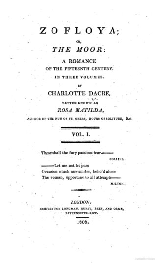 <i>Zofloya</i> 1806 novel by Charlotte Dacre