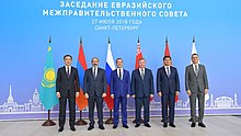 From left to right: Bakhytzhan Sagintayev, Nikol Pashinyan, Dmitry Medvedev, Andrei Kobyakov, Mukhammedkalyi Abylgaziev and Tigran Sargsyan at a Eurasian Economic Union heads of government summit meeting in Saint Petersburg in July 2018 Zasedanie Evraziiskogo mezhpravitel'stvennogo soveta.jpg