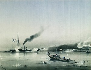 Steamboat "Colchis" durante la batalla en el puesto de San Nicolás.  Dibujo de A. P. Bogolyubov