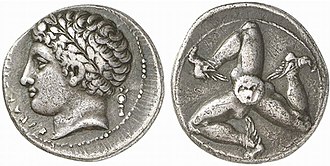 Silver Drachma from Sicily, minted during the reign of Agathocles (361-289 BC), Greek tyrant of Syracuse (317-289 BC) and king of Sicily (304-289 BC). Inscription: SURAKOSION ("Syrakosion") Laureate head of the youthful Ares to left; behind, Palladion. Reverse: Triskeles of three human legs with winged feet; at the center, Gorgoneion 001-syracuse-Triskeles.jpg