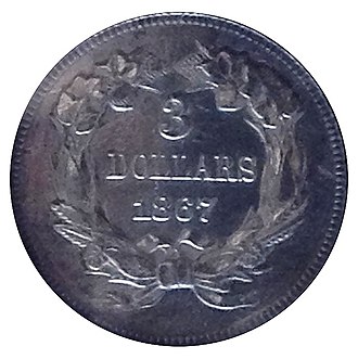 Off-metal strike in silver of the 1867 three-dollar piece 1867 3 dollar silver edit.jpg