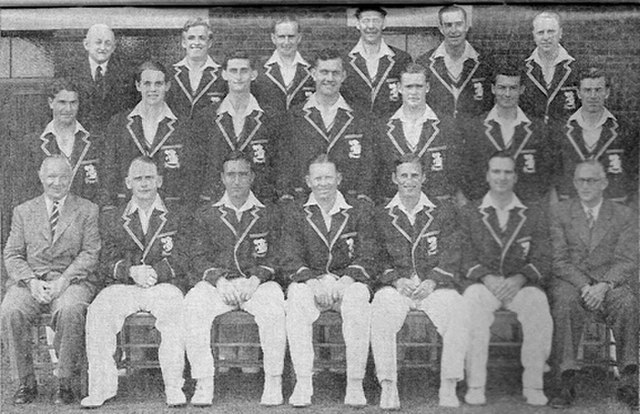 The England touring team in Australian in 1950-51 (from left to right): rear row: Bill Ferguson (scorer), Bob Berry, Arthur McIntyre (wk), Trevor Bail