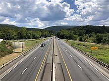 I-80 eastbound in Delaware Water Gap 2022-08-15 14 15 41 View east along Interstate 80 (Keystone Shortway) from the overpass for the ramp to Pennsylvania State Route 611 in Delaware Water Gap, Monroe County, Pennsylvania.jpg