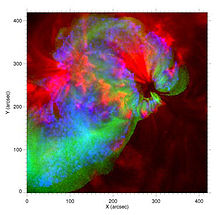 "This false-color temperature map shows solar active region AR10923, observed close to center of the sun's disk. Blue regions indicate plasma near 10 million degrees K." Credit: Reale, et al. (2009), NASA. 378877main Nanoflares lg.jpg
