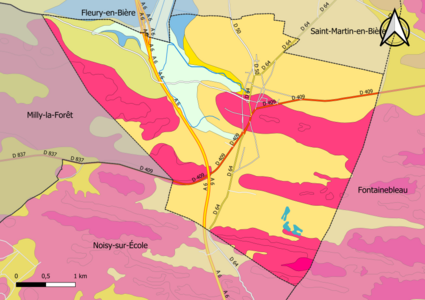 Carte montrant en couleurs le zonage géologique simplifié d'une commune