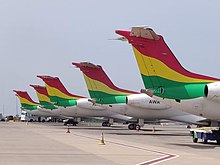 Africa World Airlines ERJ-145s parked at Accra. AWA Aircraft at DGAA 2020.jpg