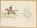 Thumbnail for File:A man with a lance on horseback; officer in gala uniform on horseback. Lithograph after an original sketch by Prince Waldemar of Prussia.jpg