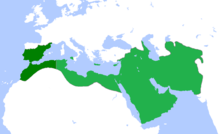 Abbasid Caliphate (light and dark green) at its greatest extent, c. 850. Territories in dark green were lost early on.