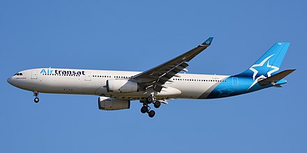 An Air Transat Airbus A330-300 in 2019, showing the current livery