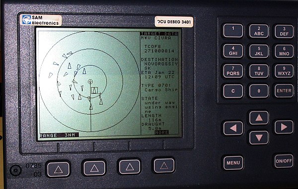 An AIS-equipped system on board a ship presents the bearing and distance of nearby vessels in a radar-like display format.