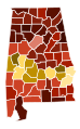 Image 25Map of counties in Alabama by racial plurality, per the 2020 census Legend Non-Hispanic White   40–50%   50–60%   60–70%   70–80%   80–90%   90%+ Black or African American   40–50%   50–60%   70–80%   80–90% (from Alabama)
