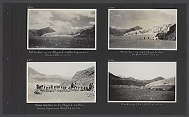 Albumblad met vier fotos. Linksboven Gletsjer in de Shyok-vallei tegenover Kat, Bestanddeelnr 34 43.jpg