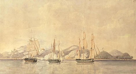 Amboyna captured from the Dutch by a squadron under Sir Edward Tucker Feb 1810 by Richard Vidal Amboyna 1810.jpg