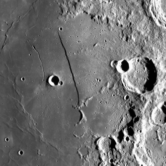 Rupes Recta (center) taken by Lunar Reconnaissance Orbiter. Ancient Thebit (LRO).png