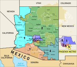 Arizona's congressional districts since 2023 Arizona Congressional Districts, 118th Congress.svg