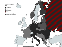 A Tengelyhatalmak (fekete) és az általuk megszállt területek (sötétszürke) Európában