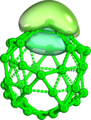 B40 HOMO: pi-bond delocalised over 5 boron atoms B40 HOMO view 1 (heptagon face).png