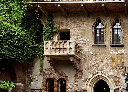 Juliet's purported balcony, in Verona. Beneath it, on the walls, there are love letters.