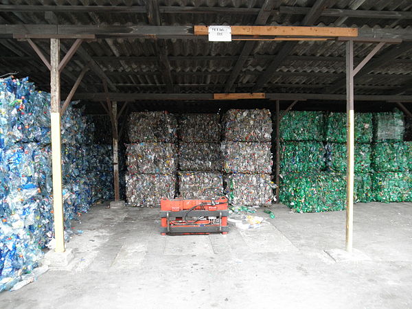 Bales of colour sorted PET bottles (blues, clear and greens) Olomouc, the Czech Republic.