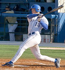 A Falcons baseball player takes a swing during a 2004 game Baseball swing (cropped).jpg