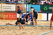 Deutsch: Beachhandball Europameisterschaften 2019 (Beach handball Euro); Tag 6: 7. Juli 2019 – Spiel um Platz Drei, Männer, Ungarn-Russland 2:0 (26:20, 23:22) English: Beach handball Euro; Day 6: 7 July 2019 – Men's Bronze Medal Match – Hungary-Russia 2:0 (26:20, 23:22)