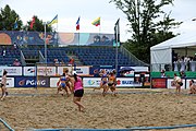 Deutsch: Beachhandball Europameisterschaften 2019 (Beach handball Euro); Tag 5: 6. Juli 2019 – Frauen, Halbfinale, Ungarn-Niederlande 2:0 (19:16, 15:12) English: Beach handball Euro; Day 5: 6 July 2019 – Semifinal Women – Hungary-Netherlands 2:0 (19:16, 15:12)