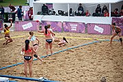 Deutsch: Beachhandball bei den Olympischen Jugendspielen 2018; Tag 6, 12. Oktober 2018; Mädchen, Hauptrundenspiel – Chinese Taipei (Taiwan)-Argentinien 1:2 English: Beach handball at the 2018 Summer Youth Olympics at 12 October 2018 – Girls Main Round – Chinese Taipei (Taiwan)-Argentina 1:2