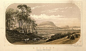 Belfast viewed from the hills in 1852. The new Queen's Bridge across the Lagan can be seen to the right. Belfast 1854 (Doyle).jpg