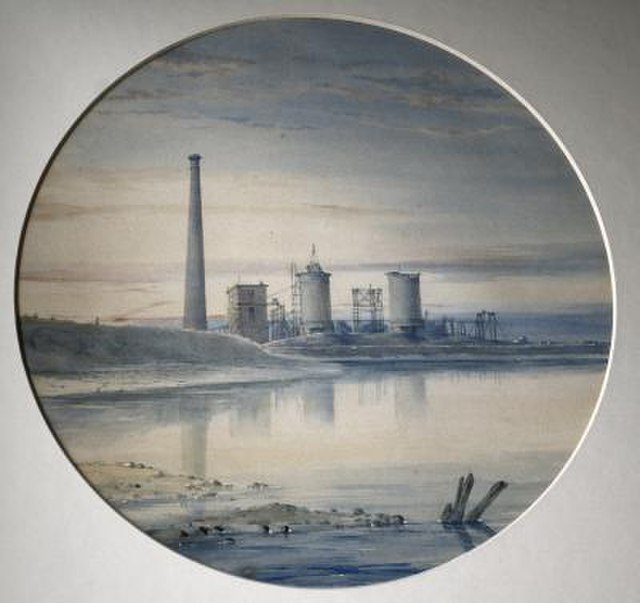 Watercolour painting by John Bell of the Bell Ironworks under construction at Port Clarence, c. 1853