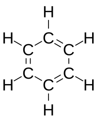 Benzene molecule with alternating double bonds Benzene Structural diagram.svg