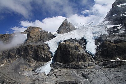 Blüemlisalp glacier, mountain Ufem Stock and Wildi Frau in left side of photo