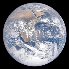 A color corrected image of the Earth taken by the DSCOVR satellite on December 7, 2022, exactly 50 years after the original Blue Marble image Blue Marble December 7 2022.jpg