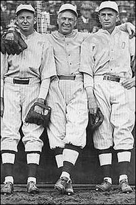 (Left to right) Duffy Lewis, Tris Speaker and Harry Hooper, members of Boston's "Million-Dollar Outfield"