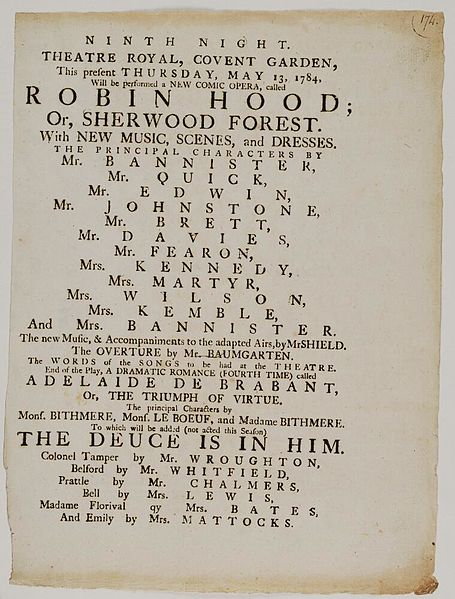 File:Bodleian Libraries, Playbill of Covent Garden, Thursday, May 13, 1784, announcing Robin Hood; or, Sherwood forest &c..jpg