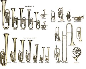 Illustrations from the original 1869 catalogue.
left top: upright bell, left bottom: over the shoulder, right: cornets, (valve trombone, flugelhorn,) slide trombone, (trumpet,) and French horn. Boston 1869 catalogue images (re-created 1).jpg