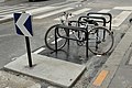 English: Bike racks, Boulevard Saint-Martin, Paris. Français : Arceaux à vélo boulevard Saint-Martin à Paris.