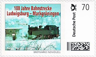 A German personalised stamp Briefmarke 100 J Bahnstrecke Ludwigsburg-Markgroeningen AGD.jpg