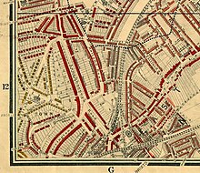 Map of Brixton in 1889, showing Coldharbour Lane, Angell Town and Loughborough Road. Published in Life and Labour of the People in London by Charles Booth. The red areas are "middle-class, well-to-do" and the yellow areas are "upper-middle and upper classes, wealthy". Brixton 1889.jpg